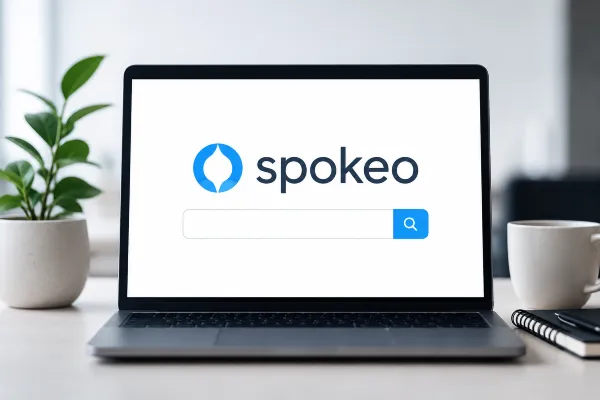 Spokeo people search platform displayed on a laptop with search and public records icons.